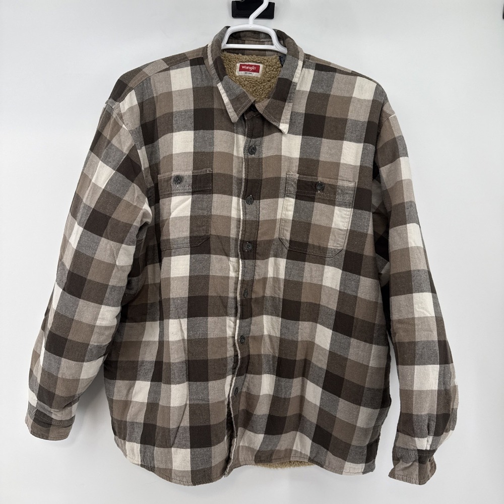 Wrangler Mens Shirt Jacket 2XL Tan Plaid Flannel Shacket Sherpa Lined Button Up